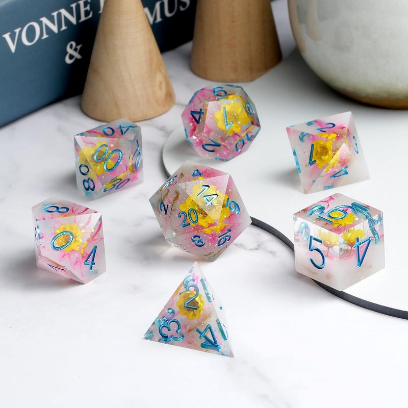 DNDND Resin DND Dice Set Handmade Flower Sharp Edge D&D Die with Gift Case for D&D Dungeons and Dragon Tabletop Games (Chrysanthemum) - Image 4